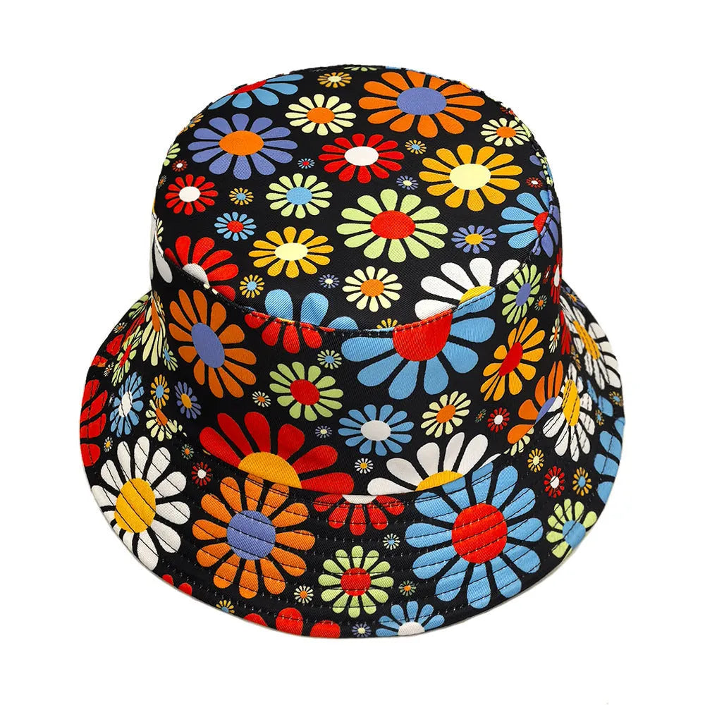 Colourful flowers print bucket sun hat with dome crown in medium size