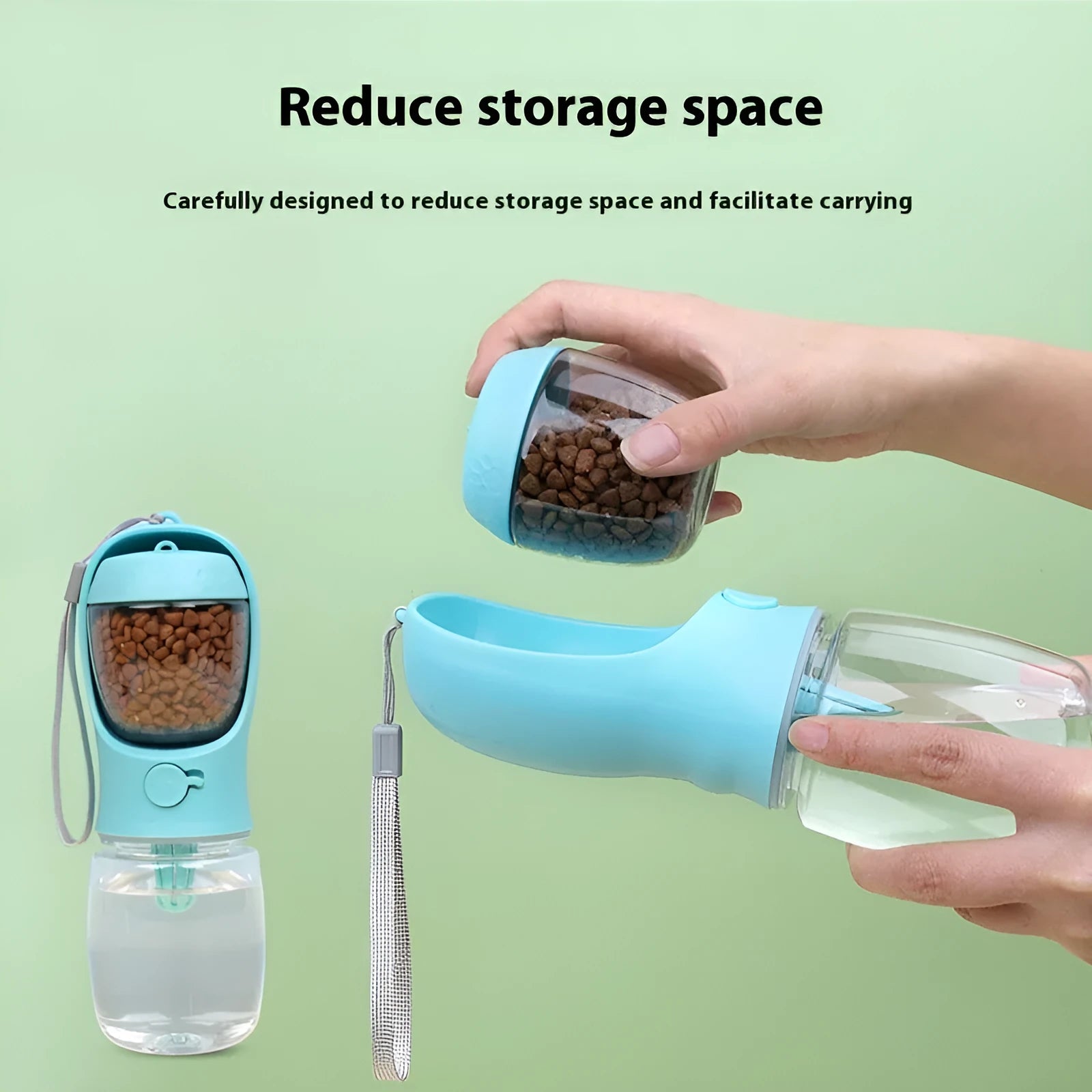 Blue portable plastic dog water bottle with integrated drinking trough for outings.