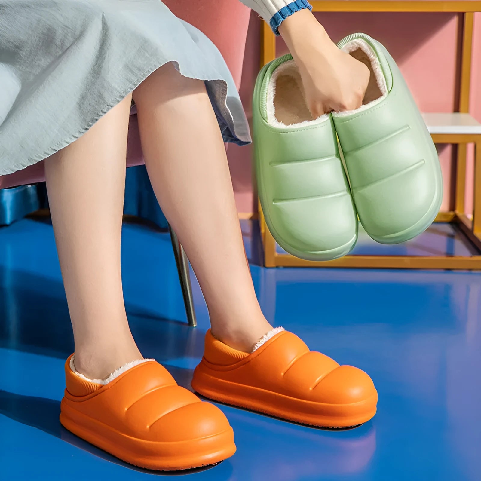 A pair of waterproof EVA couple slippers with a plush lining, shown in a choice of colours like green, pink, or grey.