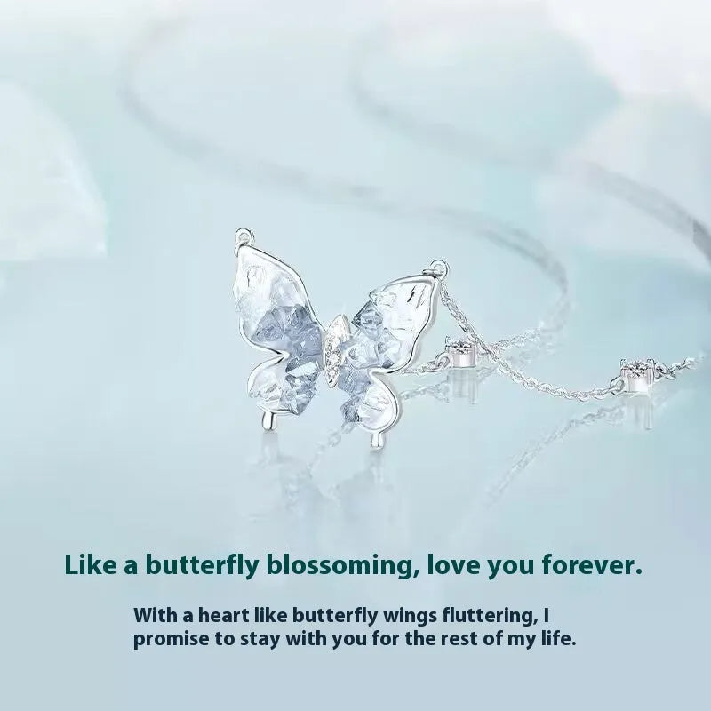 Bingyu Butterfly ice rain design pendant on adjustable sterling silver O-ring necklace for women.