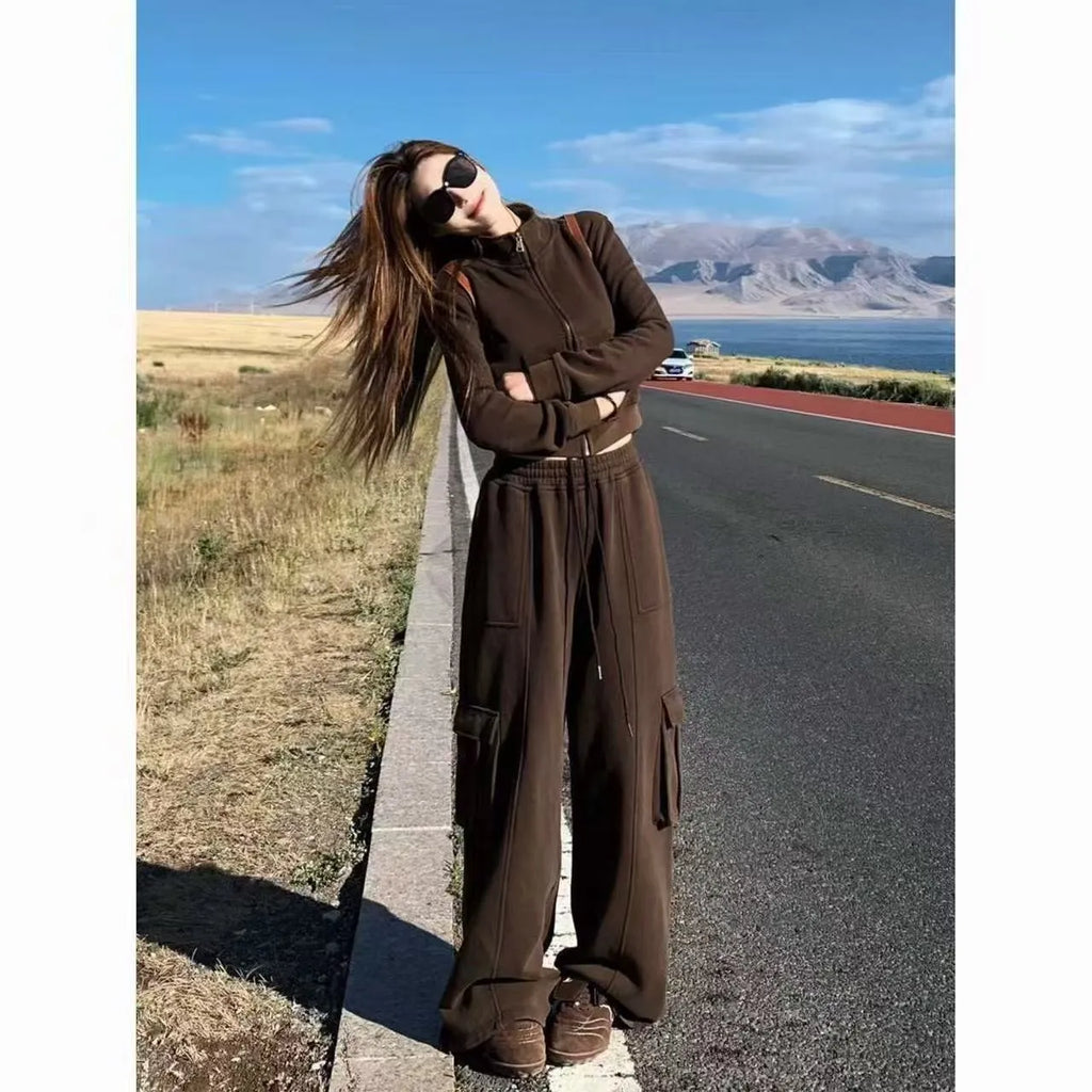 Women's two piece tracksuit set in dark gray or brown, polyester top and trousers with splicing detail