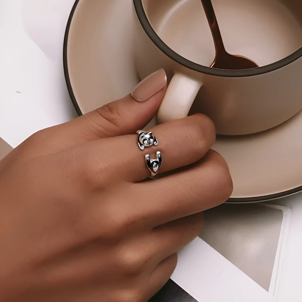 Adjustable sterling silver panda ring bracelet with white gold plating and open ring design