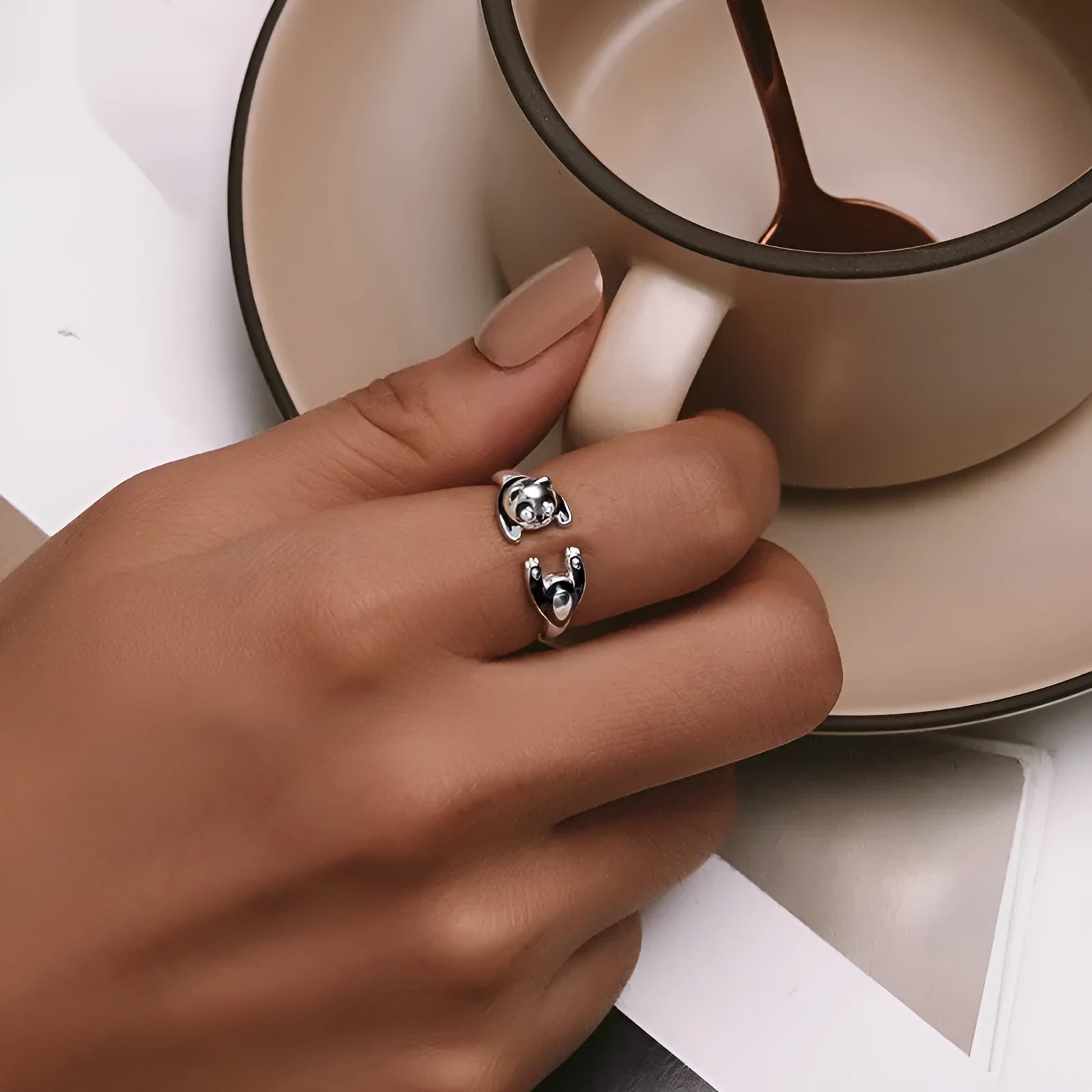 Adjustable sterling silver panda ring bracelet with white gold plating and open ring design