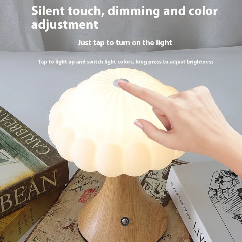 Mushroom-shaped USB rechargeable touch control night lamp in wood grain finish