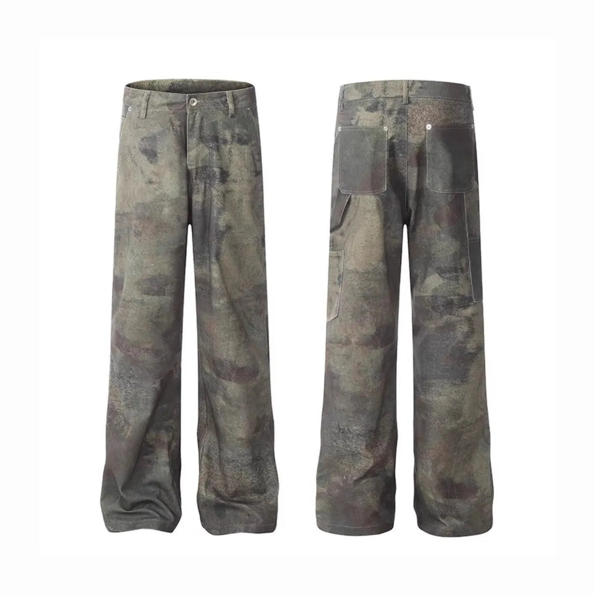 Men's straight leg denim jeans with retro camouflage pattern in picture colour