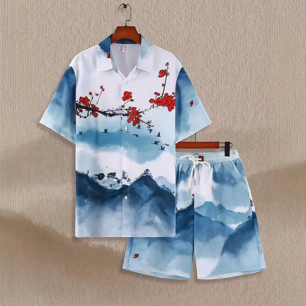 Men's wild print short sleeve shirt and shorts set in picture style colour, no hood, sizes S to 4XL