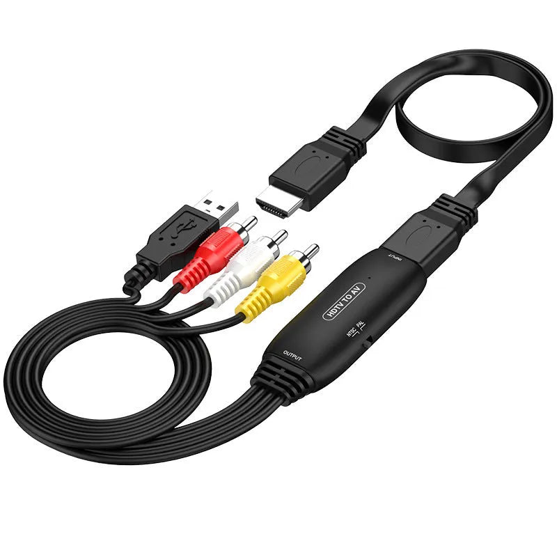 HDMI to AV converter adapter cable with 110cm length showing HDMI connector and AV output terminals