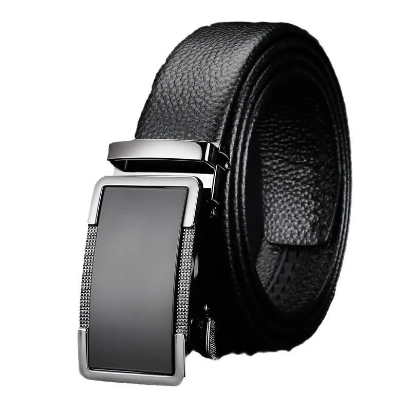 Men's leather belt with an automatic metal buckle in gold, gun black, and silver colours.
