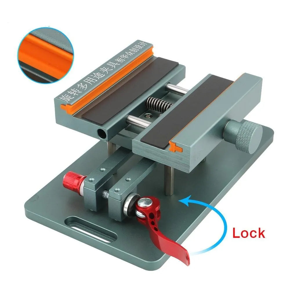 General model mobile phone repair fixture with adjustable clamps and silicone pads for rear glass removal.