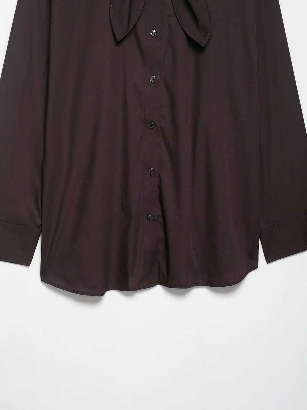 Brown women's long sleeve polyester poplin shirt with bow tie scarf detail, loose fit cardigan style