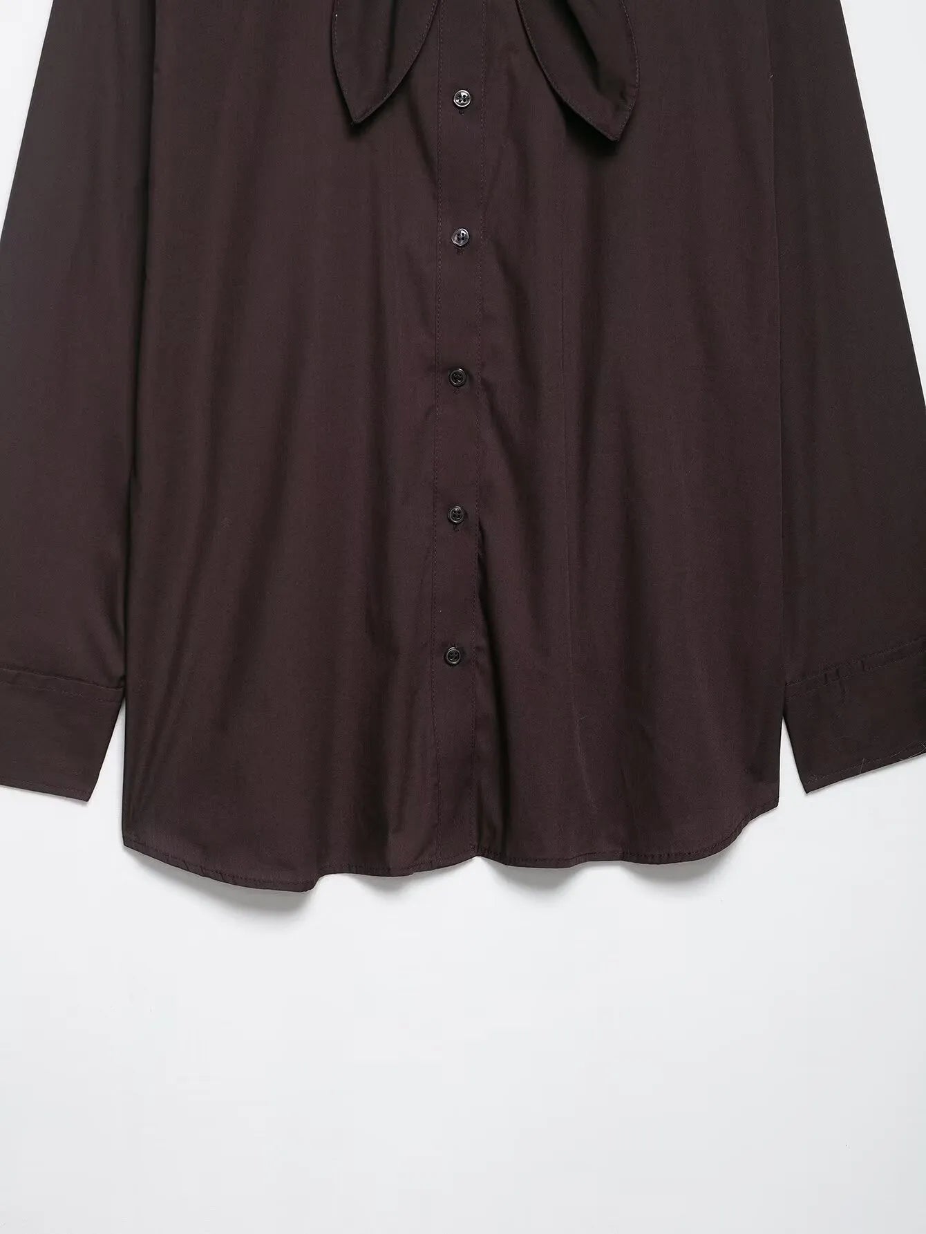 Brown women's long sleeve polyester poplin shirt with bow tie scarf detail, loose fit cardigan style