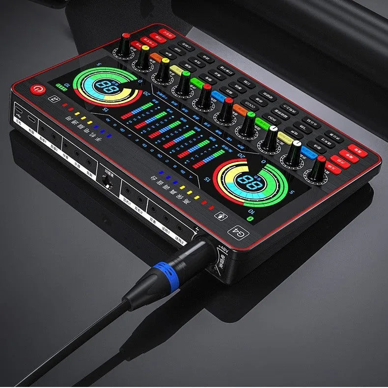 G4 professional sound card mixer with LCD display, 10 tuning knobs, and Q8 condenser microphone for live streaming setup.