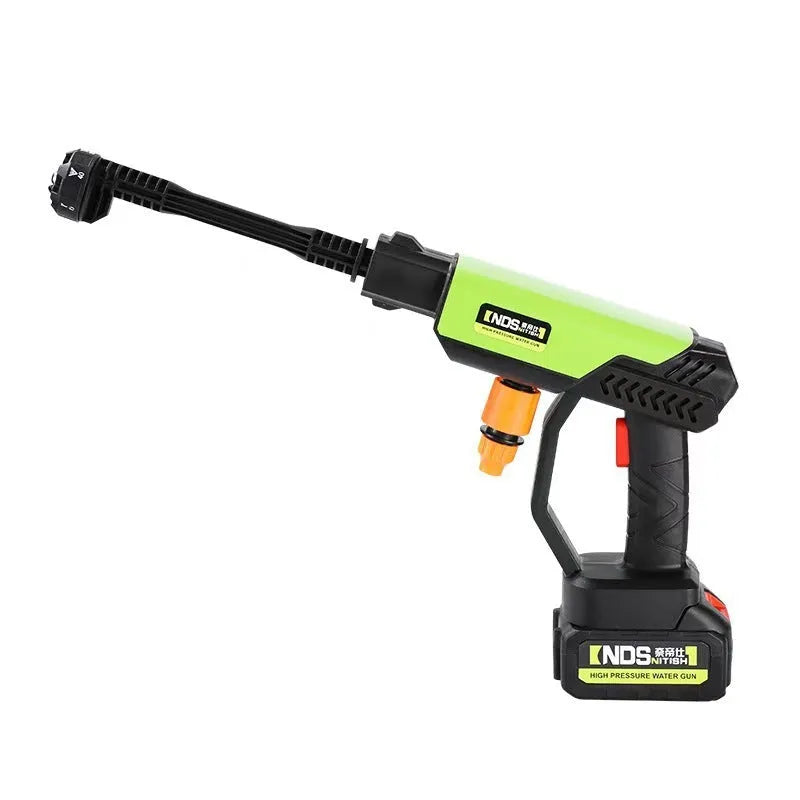 Green wireless high-pressure water gun with metal nozzle and extension accessories for mobile cleaning