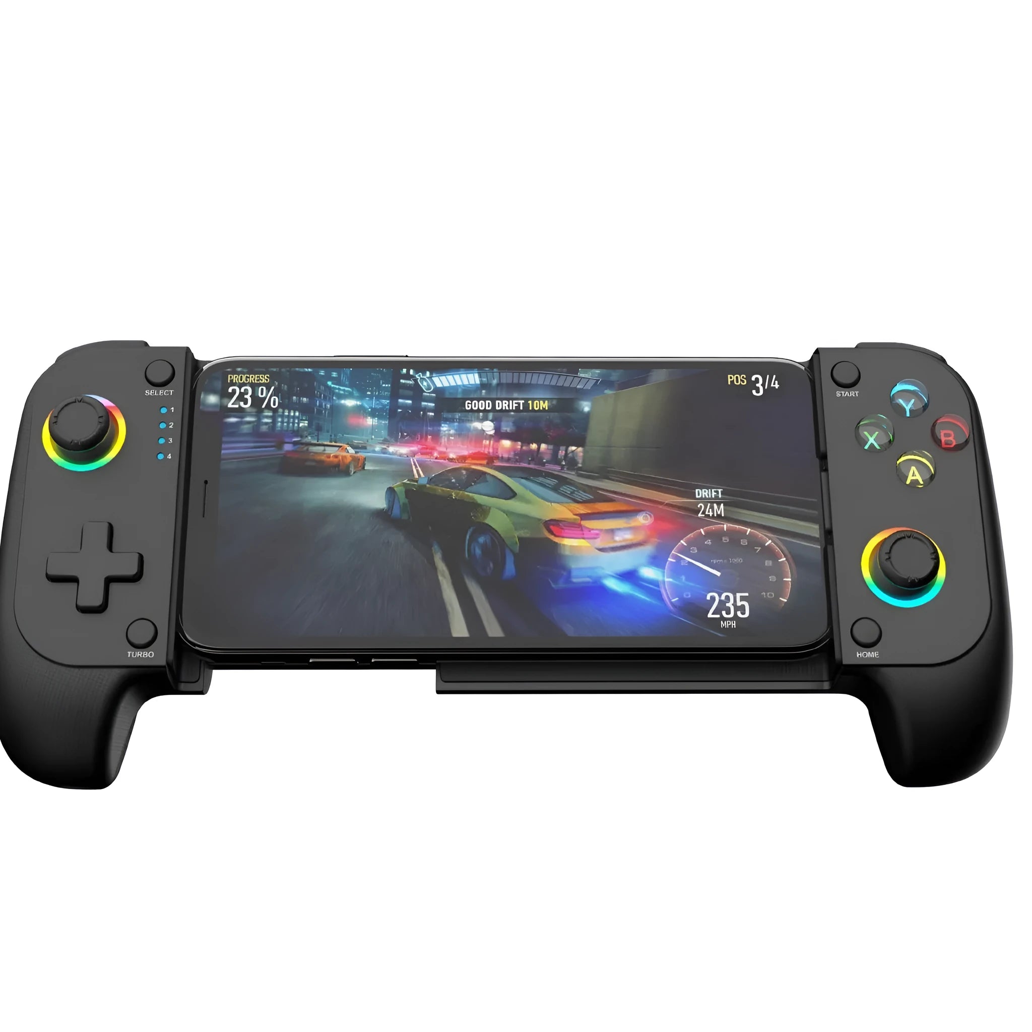 Bluetooth wireless game controller handle for mobile phones showing 17.5cm size and Type-C port
