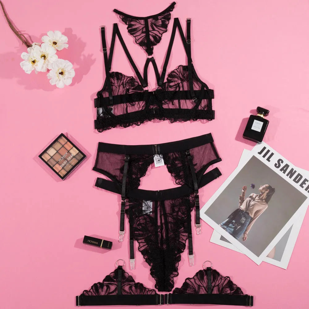 Black women's mesh bra with embroidered stitching showing three-point design