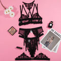 Black women's mesh bra with embroidered stitching showing three-point design