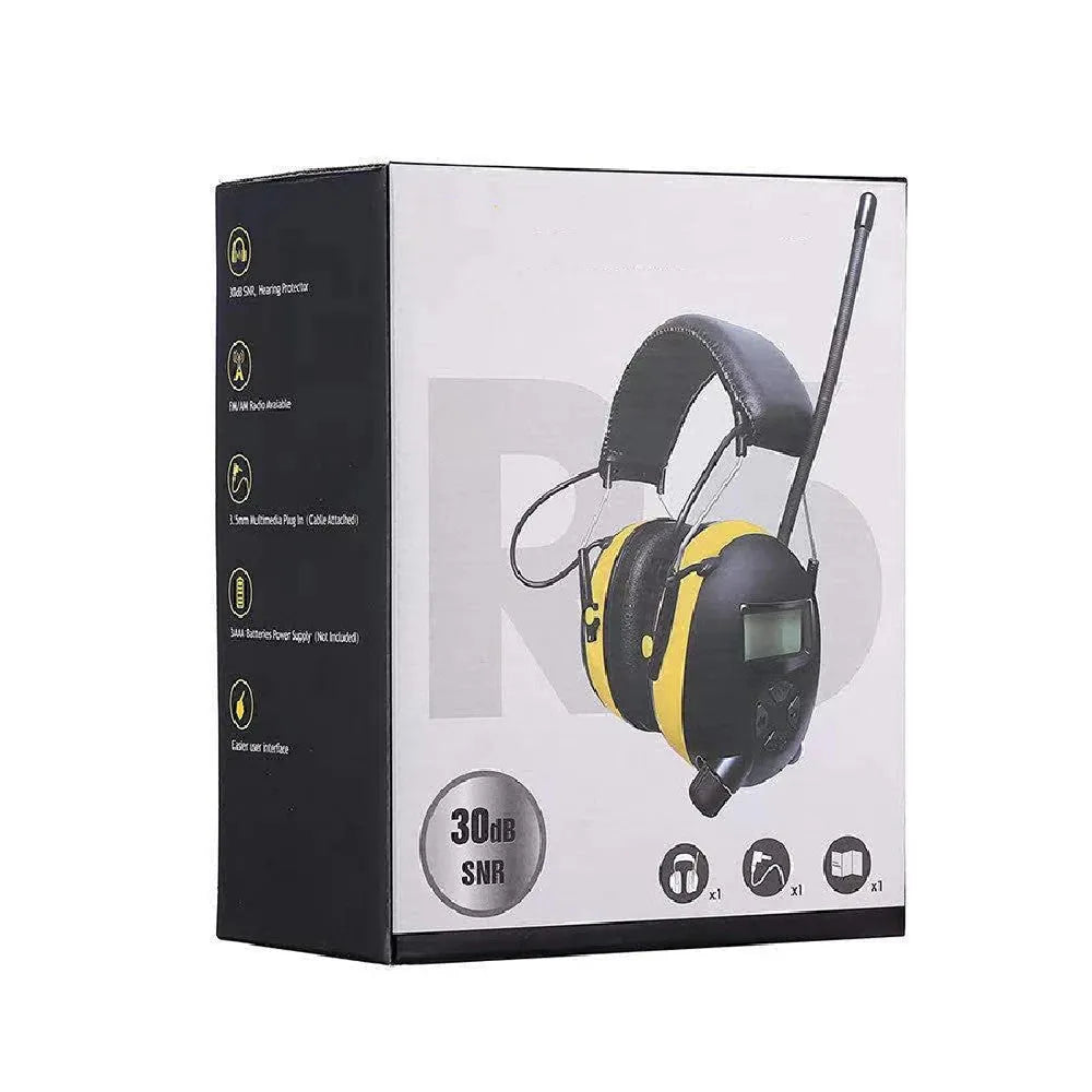 Black and yellow anti-noise earmuffs with 30dB NRR, AM/FM radio, adjustable headband, and audio input socket