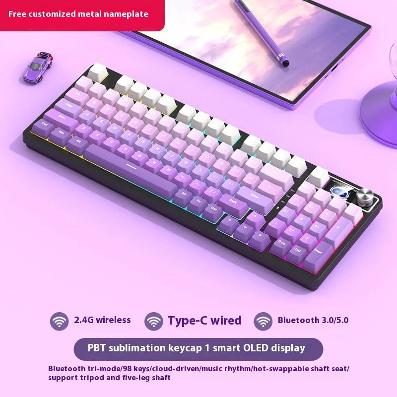 98 key wireless Bluetooth mechanical keyboard kit with metal knob on desk