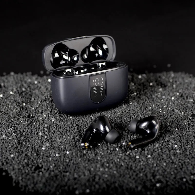 Jerry X08 wireless in-ear Bluetooth headphones with a digital display and a matching charging case.