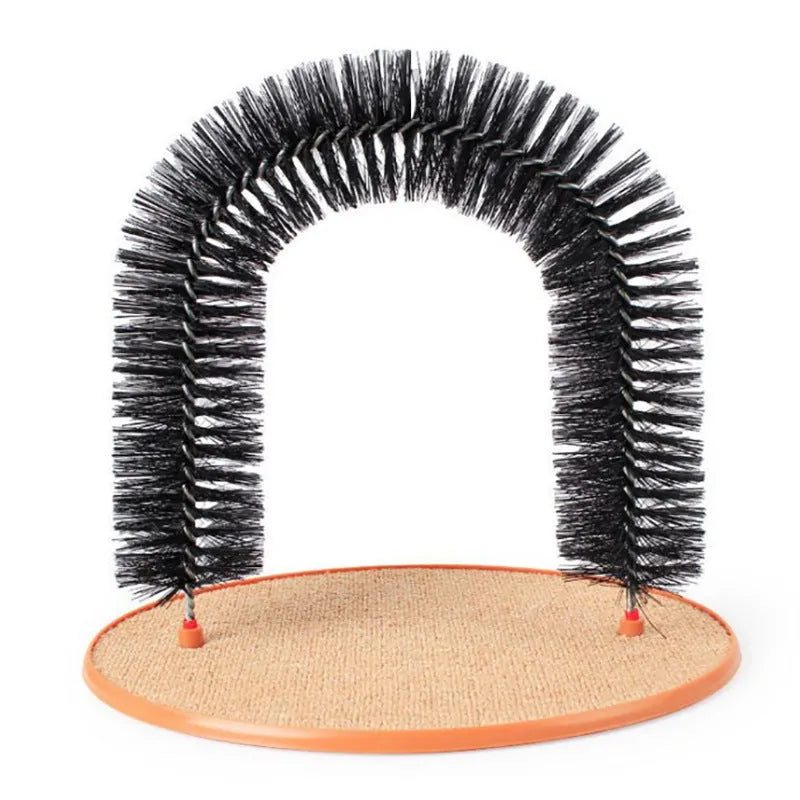 White plastic arched cat grooming station with built-in brush bristles for scratching and rubbing.