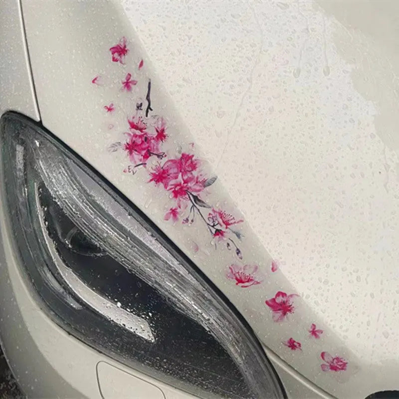 Close-up of a pink and white cherry blossom car sticker on a clear PVC backing.
