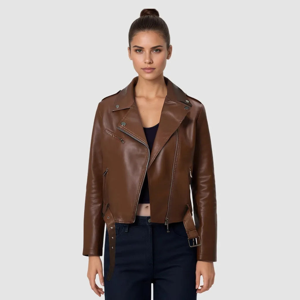 Women's black PU leather motorcycle jacket with lapel collar and waist belt