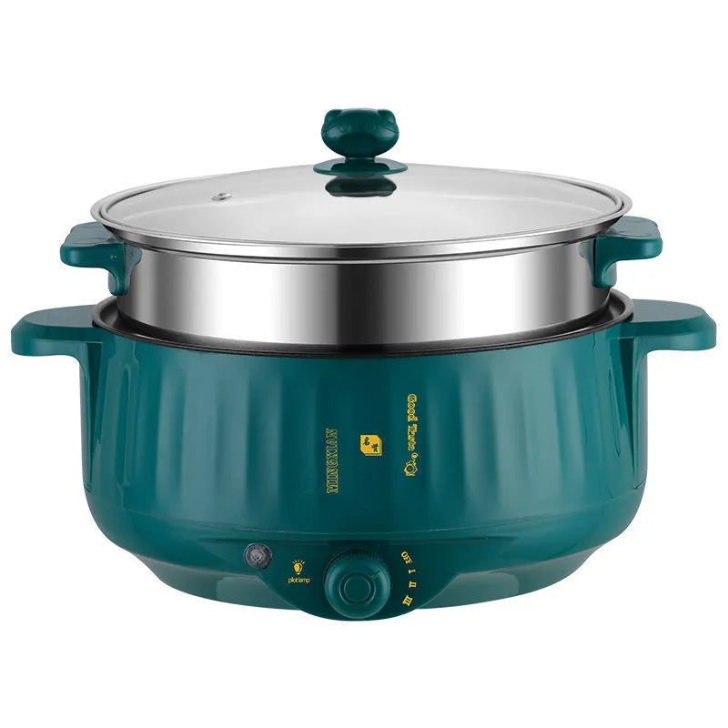 Stainless steel electric hot pot with non-stick coating and integrated heating base.