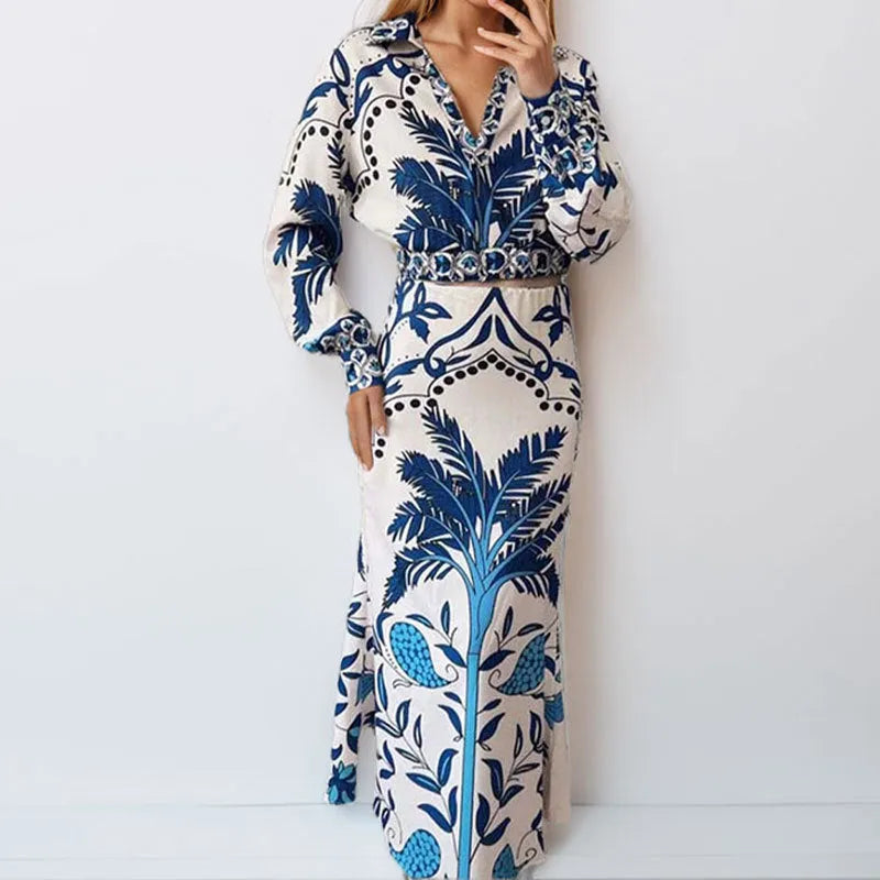 Floral early spring casual fashion set with long sleeve top and long skirt in picture color