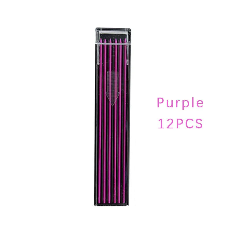 Boxed set of 12 erasable mechanical pencil lead refills in rainbow colours for drawing