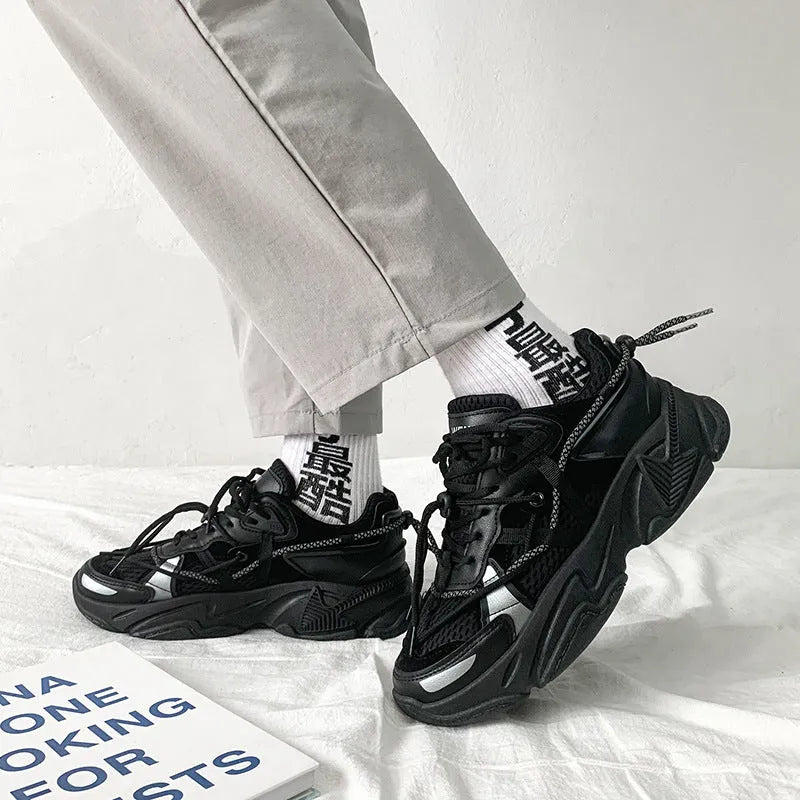 Men's white Korean-style platform dad shoes with chunky sole and lace-up front.