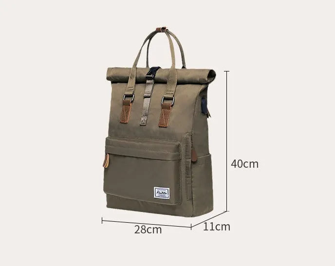 Casual polyester backpack in black dark grey or green with computer pocket and cover opening