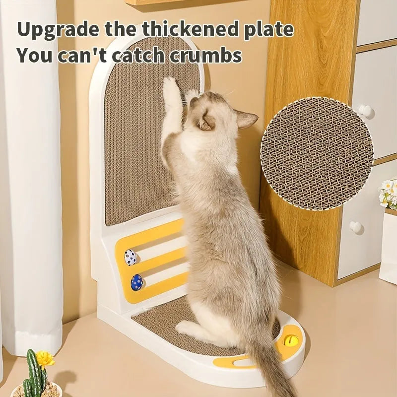 Grey L-shaped vertical cat scratching board with sisal surface mounted on a wall