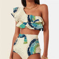 White women's one-shoulder swimsuit with double-layer skirt showing side split design