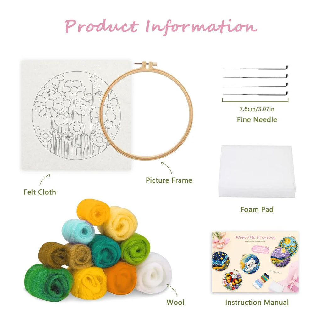 Round 20x20 cm linen embroidery kit with wool felt pieces and embroidery frame for botanical designs