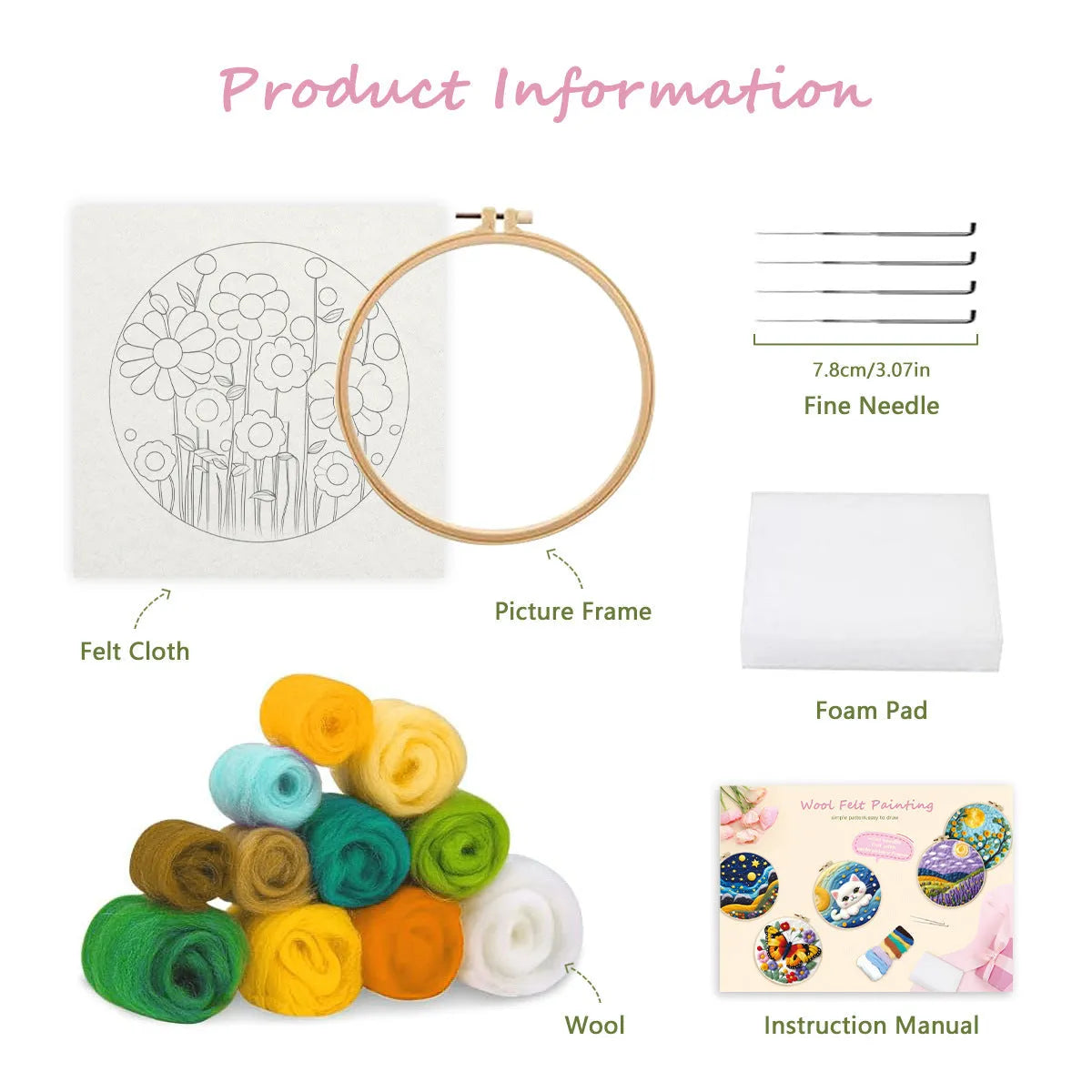 Round 20x20 cm linen embroidery kit with wool felt pieces and embroidery frame for botanical designs