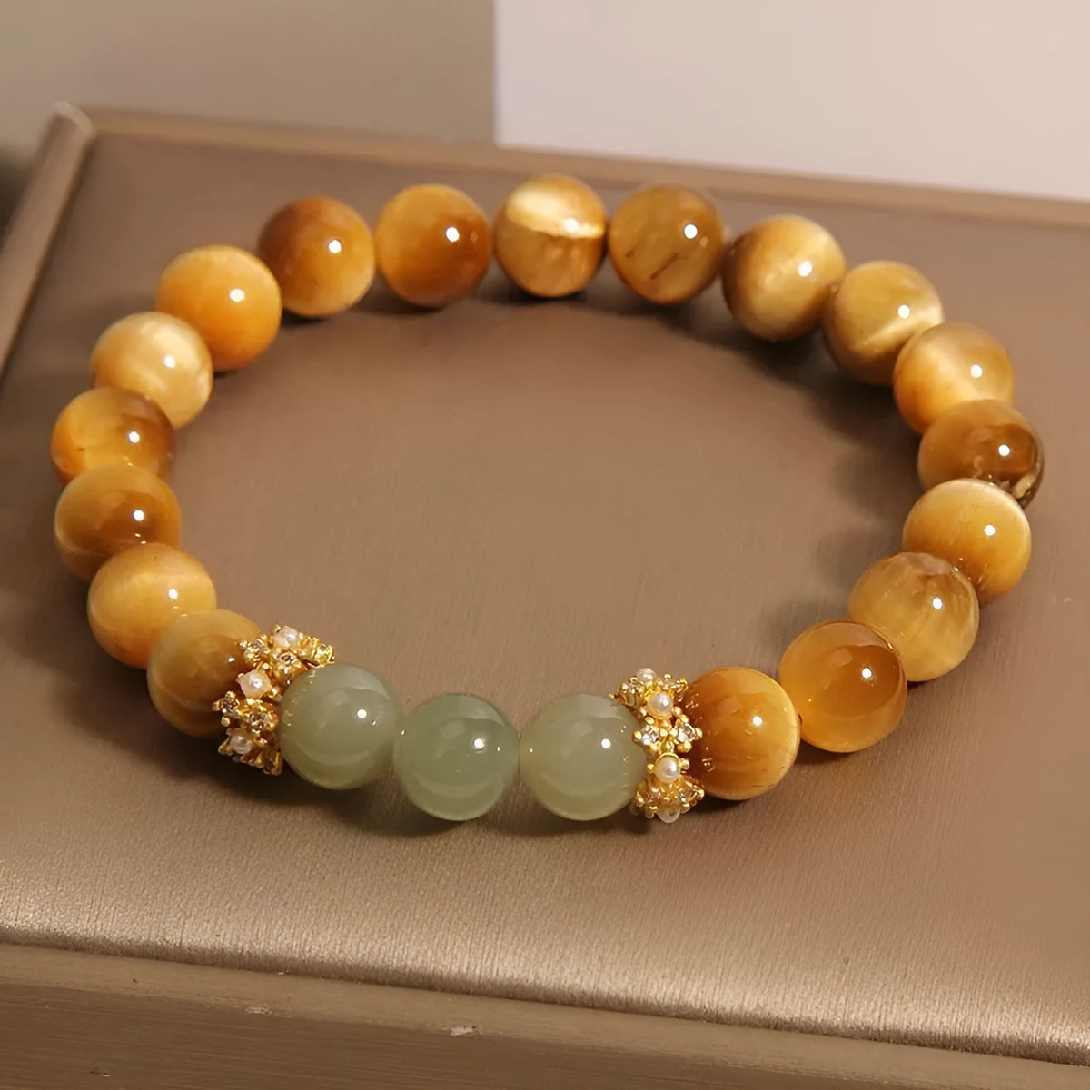 Natural yellow tiger's eye Hetian jade bracelet with gold gourd money symbol and U-shaped design