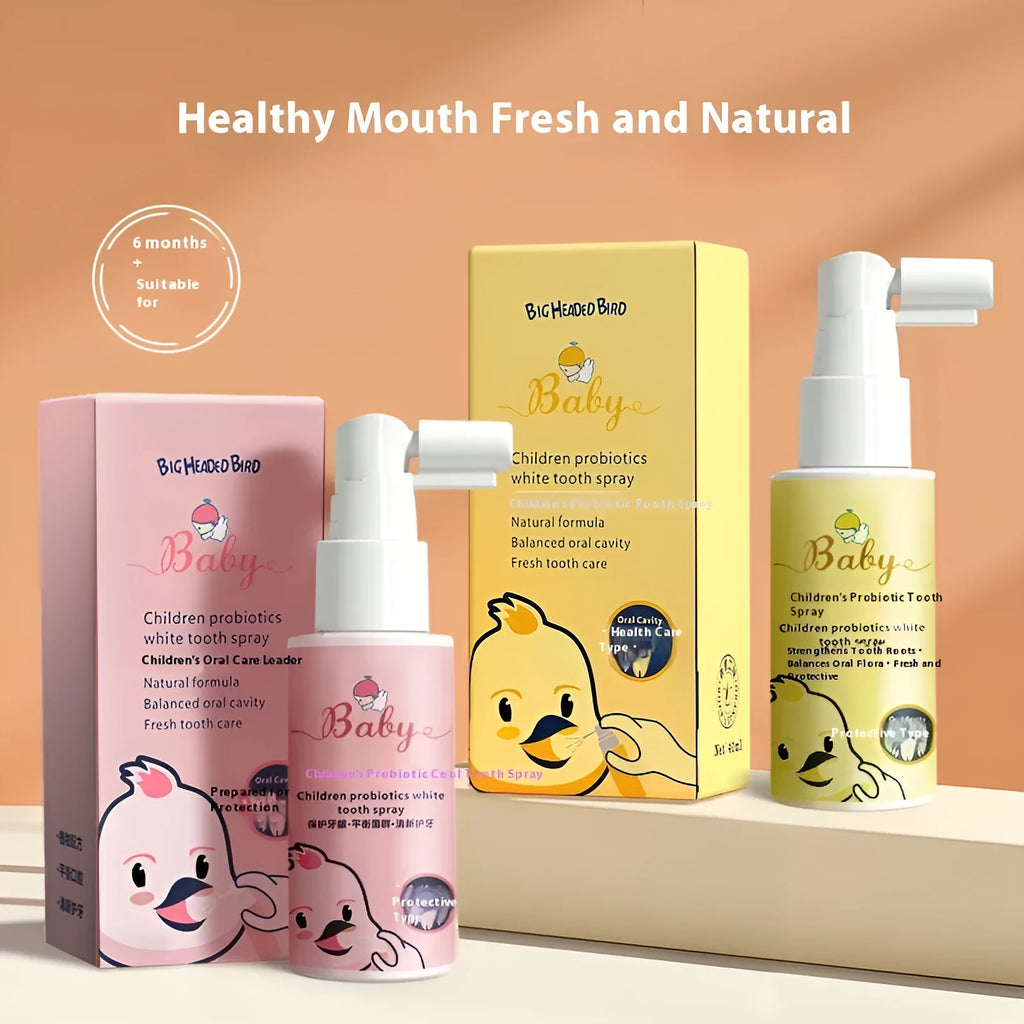 Children's probiotic oral spray bottle for white teeth and anticavity protection in strawberry or orange flavour