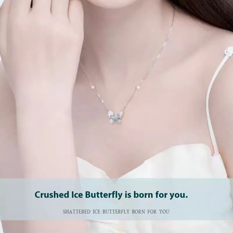 Bingyu Butterfly ice rain design pendant on adjustable sterling silver O-ring necklace for women.