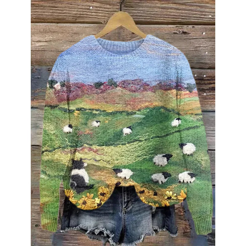 Digital printed little flower pattern round neck sweater in polyester fabric