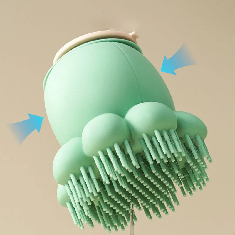 Silicone pet bath brush with body wash dispenser for dogs and cats, shown in green and purple