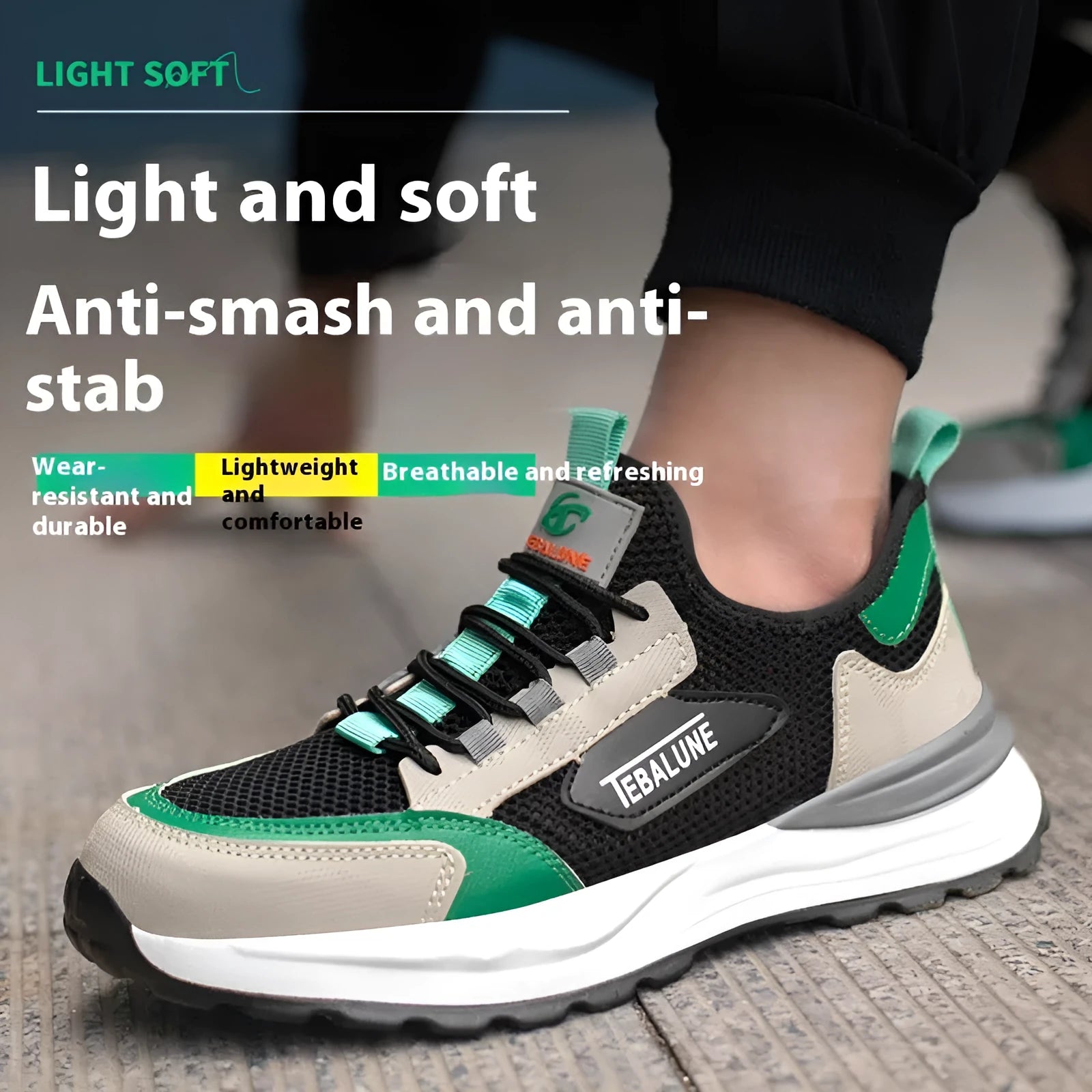 Black green steel toe safety shoes with mesh upper and plastic protective toe cap