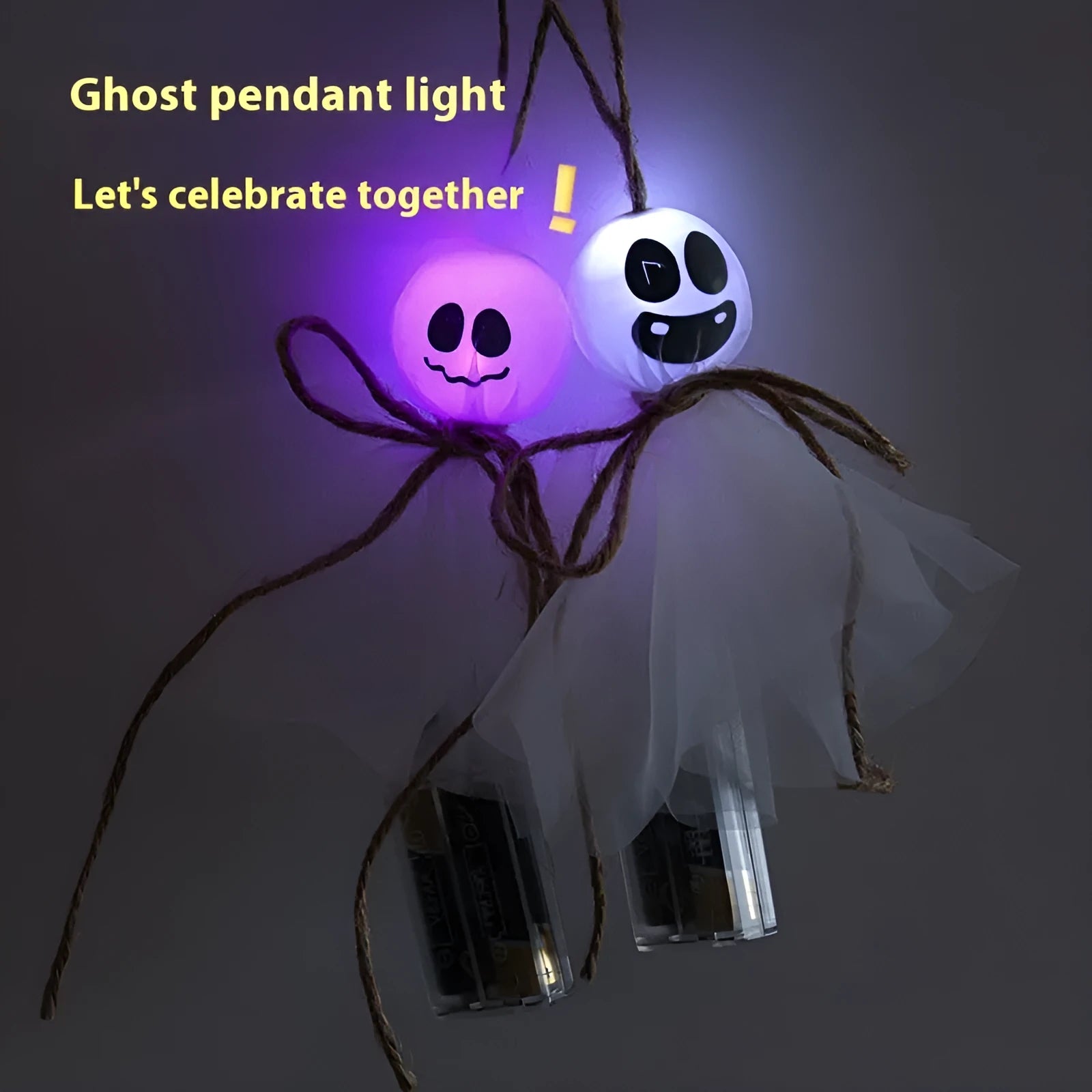Halloween ghost LED lighting chain with battery box and colourful ghost-themed lights