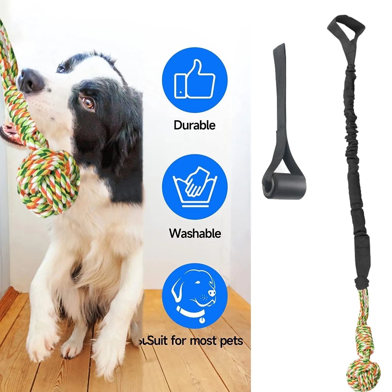 Cotton rope dog tug toy in black, grey, and red colour options for interactive play