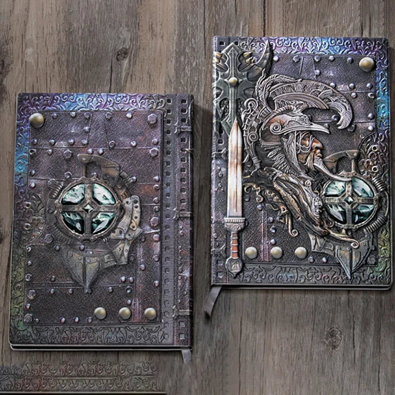 A5 leather notebook with an embossed 3D warriors design on the cover, shown in bronze colour.