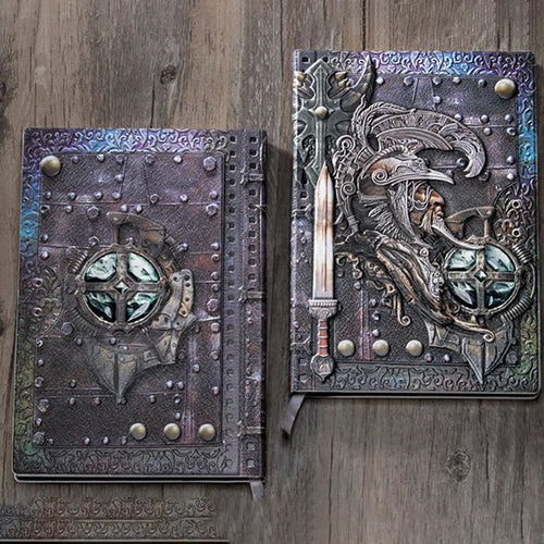 A5 leather notebook with an embossed 3D warriors design on the cover, shown in bronze colour.