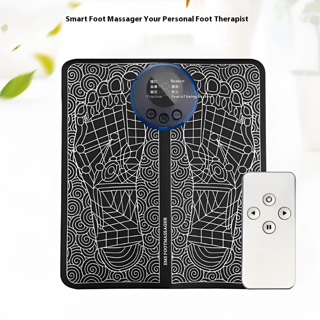 Leather foot massage cushion with remote control and LCD screen showing massage modes