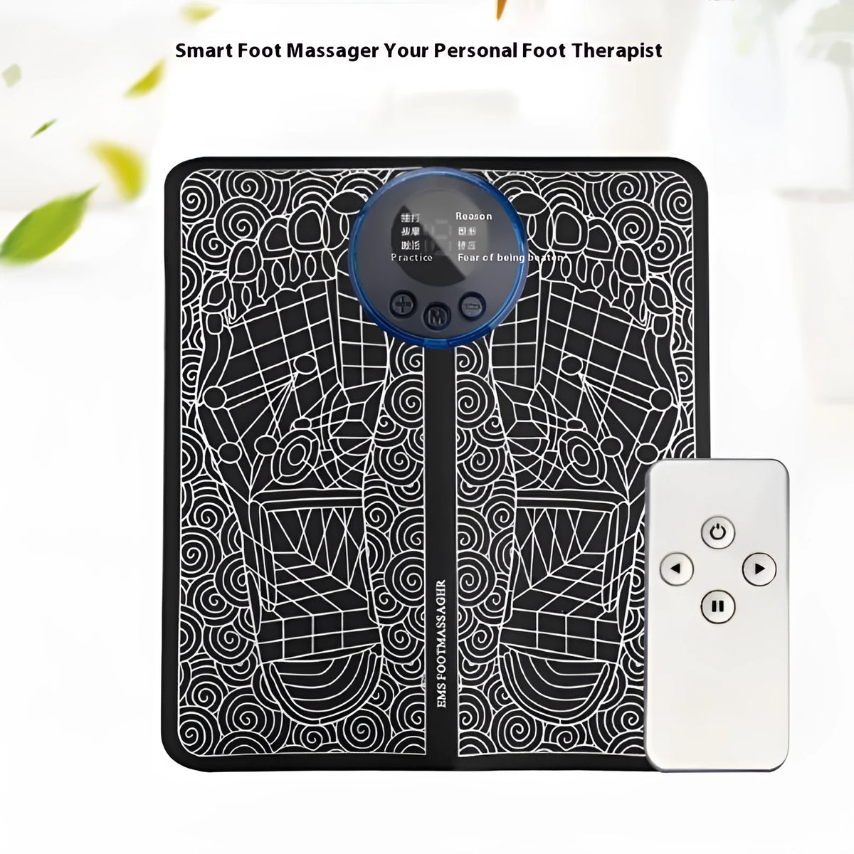 Leather foot massage cushion with remote control and LCD screen showing massage modes