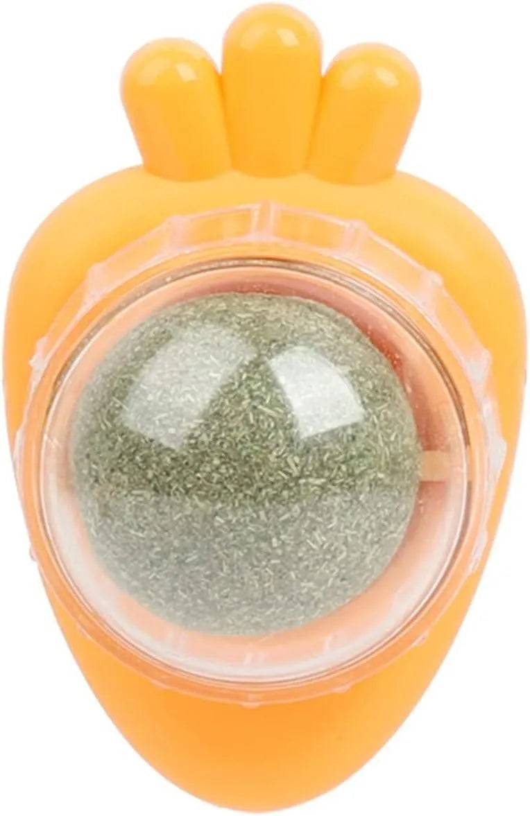 Blue carrot-shaped catnip ball with self-adhesive backing for wall mounting to clean cat teeth
