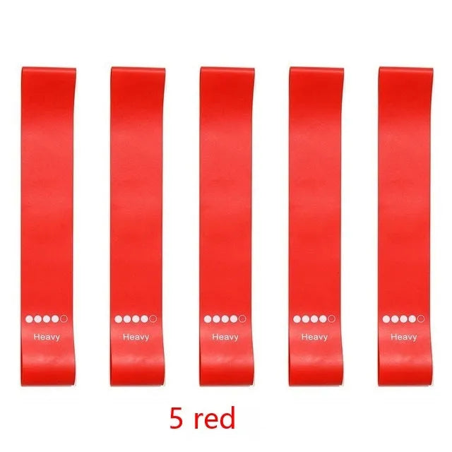 Set of five colour-coded yoga resistance straps with force marks and five plain TPE straps.
