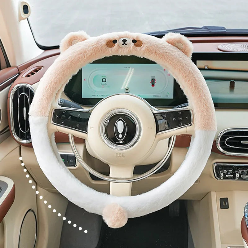 Plush car steering wheel cover with embroidered cartoon animal design for winter driving